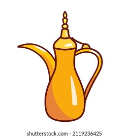 Icono de la olla de café árabe, ilustración vectorial de la olla de café dallah dorada al estilo oriental