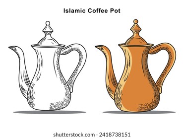 Cafetera árabe. Estera islámica de té. Vector de comida Ramadán.Elemento de filtro.Borrador de cafetera fondo aislado.Fondo de Ramadán. 