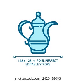 Arabic coffee pot light blue icon. Antique handmade traditional pot. Unique prestigious culture. RGB color sign. Simple design. Web symbol. Contour line. Flat illustration. Isolated object