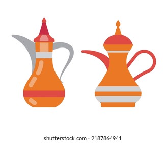 Arabic coffee pot and turkish tea kettle illustrations. Flat elements for coffee house and shop.