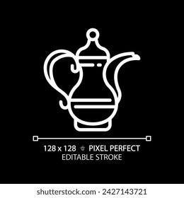 Arabic coffee pot white linear icon for dark theme. Antique handmade traditional pot. Unique prestigious culture. Thin line illustration. Isolated symbol for night mode. Editable stroke