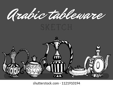 Arabic coffee pots dinnerware sketch vector illustration contours hand drawing