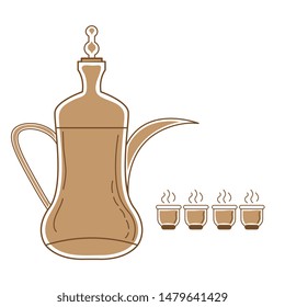 Arabic coffee pots and mugs flat vector, Arab tradition, Dallah