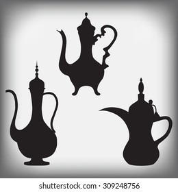 Arabic coffee pots on a gray background. Isolated, Ancient East. vector illustration.