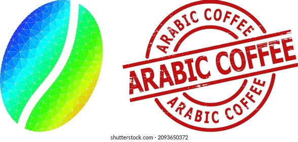 Arabic Coffee unclean seal, and low-poly spectrum colored coffee bean icon with gradient. Red seal includes ARABIC COFFEE title inside circle and lines template.