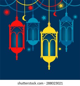 Arabic colored lanterns with stars and crescent moons