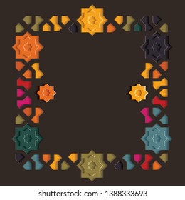 Arabic colorful arabesque design greeting card for Ramadan Kareem,Islamic ornamental detail of mosaic isolated on a dark background