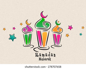 Arabic colorful traditional lanterns with stars on beige background for Islamic holy month of prayers, Ramadan Mubarak celebrations.