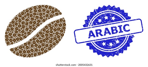 Arabisch korrodierte Stempelrobbe und vektorrekursive Collage Kaffeebohnen. Die blaue Stempelrobbe enthält arabische Bildunterschrift im Rosette. Vektor Mosaik wird aus rekursiv rotierten Kaffeebohnen hergestellt.