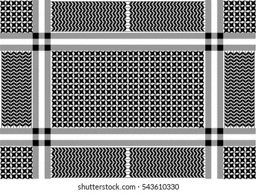 Arabic cotton scarf with simple geometric motifs. Traditional Middle Eastern headdress. Black and white.