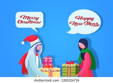 arabic couple giving present each other happy new year merry christmas concept flat chat bubble speech blue background portrait horizontal vector illustration
