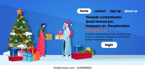 arabic couple giving present each other happy new year merry christmas concept flat fir tree decoration blue background full length horizontal copy space