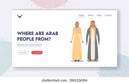 Arabic Couple Man and Woman Landing Page Template. Saudi People Arabian Male Character Dressed in Traditional National Costume and Girl in Hijab Dress, Arab Culture. Cartoon Vector Illustration