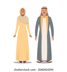 Arabic Couple Man and Woman, Saudi People Isolated on White Background. Bearded Arabian Male Character Dressed in Traditional National Costume and Girl in Hijab Dress.Cartoon Vector Illustration