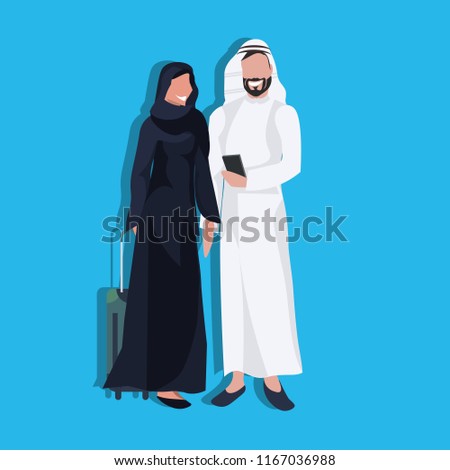 Arabic couple using smartphone holding valise wearing traditional clothes travel concept man woman cartoon character avatar blue background full length flat vector illustration