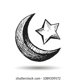 Arabic crescent with a star icon vector sketch. hand drawing.