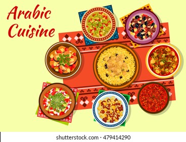 Arabic cuisine authentic dishes icon with chicken rice, beef pea soup, tomato bean stew, vegetable salad, lamb tagine with dried fruits, veal vegetable stew and baked zucchini salad