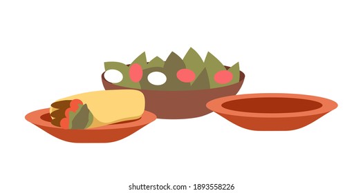 Arabic cuisine dishes vector illustration. Local food emblem isolated on a white background. Template for arabic cafe or restaurant. Demonstration of serving salad and shawarma. Deep bowl of hummus