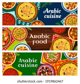 Das Restaurant bietet arabische Küche mit Bannern. Lammfleisch mit Reis-Mansaf und Kartoffeln, Tajine mit Pflaumen, Nierenbohne und Tharidfleisch-Eintopf mit Brot, Tahini, Fattoush und gegrilltem Auberginensalat, Vektor