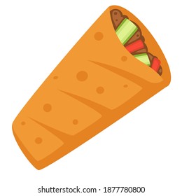 Arabic cuisine and traditional dishes of asian countries. Shawarma with meat, cucumber and bell pepper or tomato. Preparing fast food at home or buying at street stalls. Vector in flat style