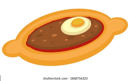 Arabic cuisine and traditional dishes of Turkey. Turkish food made of bread, meat and egg isolated icon. Pide or lahmacun made of dough. Oriental pizza or snack. Eating meals. Vector in flat style