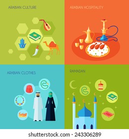 Arabic culture design concept set with hospitality clothes and ramadan flat icons set isolated vector illustration