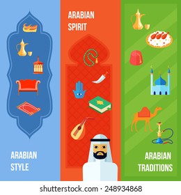 Arabic culture flat vertical banner set with arabian style spirit and traditions elements isolated vector illustration