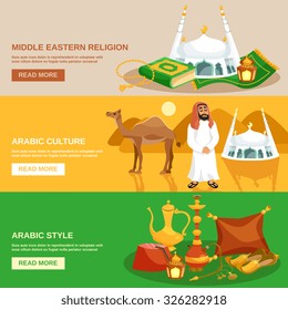 Arabic culture horizontal banner set with eastern religion symbols isolated vector illustration