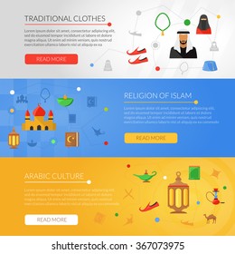 Arabic culture horizontal banner set with islam religion elements isolated vector illustration