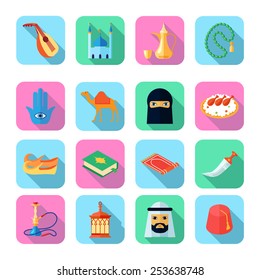 Arabic culture icons set with sword camel Koran symbols vector illustration