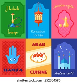 Arabic culture mini poster wet with hookah coffee hamsa cuisine isolated vector illustration