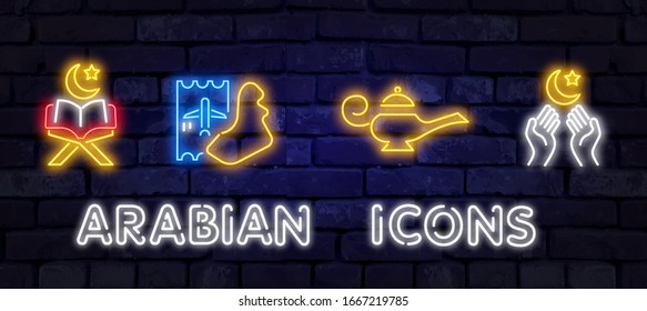 Arabic culture and religion middle east traditional neon icon flat set isolated vector illustration. Neon Design elements, Light banner, Neon Greeting Card Template.