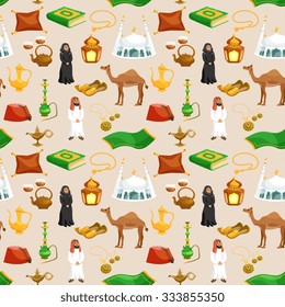 Arabic culture seamless pattern with camel tea pot mosque cartoon vector illustration