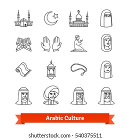 Arabic culture. Thin line art icons set. Islamic people, philosophy and traditions. Linear style symbols isolated on white.