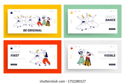 Arabic Dances Landing Page Template Set. Whirling Dervish and Girls in Traditional Outfits Dancing with Raising Hands. Characters Moving Body, Muslim Artist Hobby. Linear People Vector Illustration