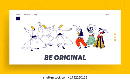 Landing Page Template für arabische Tänze. Schwänzende Derbisch und Mädchen in traditionellen Outfits tanzen mit aufsteigenden Händen. Charaktere bewegen Körper, muslimische Künstler Hobby. Vektorgrafik von Linear People
