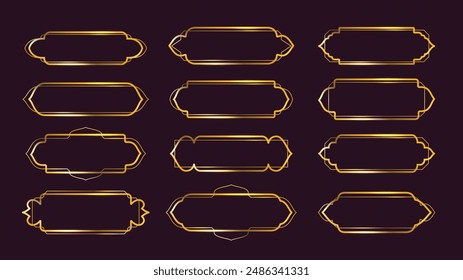 Arabische Dekorrahmen. Goldener Markensaum mit islamischem Fenster und orientalischen Bögen Formen. Luxuriöser Goldlinienrahmen für UI-Button oder Horizontal Art Deco Banner 1920er Jahre Vektorgrafik Kollektion.