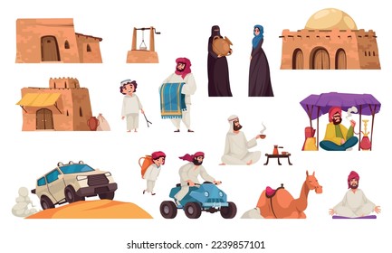 Arabic desert cartoon icons set with people wearing traditional oriental clothes isolated vector illustration