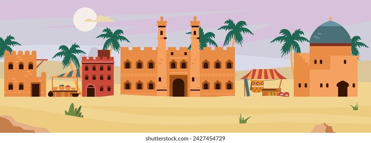 Arabic desert cityscape with traditional mud brick buildings and palm trees. Cartoon ancient architecture in African countries. Bedouin town street with bazaar, houses flat vector illustration