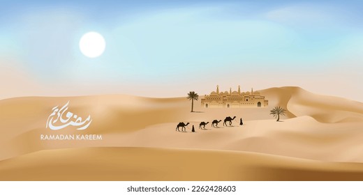 Arabic desert landscape background for greeting Ramadan Kareem with Arabic Text Ramadan Kareem vector illustration