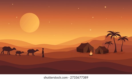 Arabic Desert Landscape at Sunset with Camel Caravan Tents and Palm Trees in Golden Hour Sand Dunes Vector Illustration