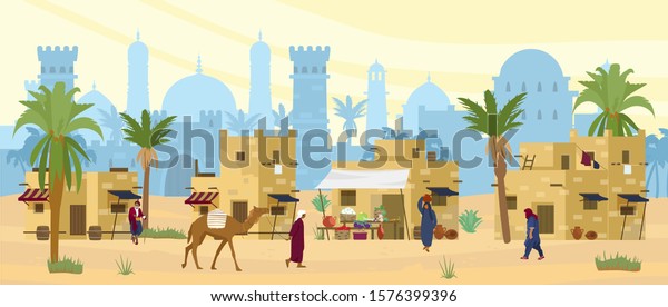 Arabic desert\
landscape with traditional mud brick houses and people. Ancient\
temple at the background. Bedouin with camel, woman with jug on\
head. Flat vector\
illustration.