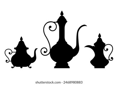 Arabic dish - jug, coffee pot, kettle, dallah. Black silhouette of vintage middle east vessels for drink. Traditional, ancient, east dishware. Flat vector shape for stencil, template, design