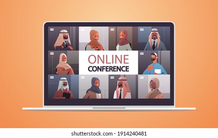 arabic doctors on laptop screen having medical video conference medicine healthcare online communication concept horizontal portrait vector illustration
