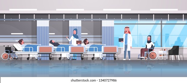 arabic doctors team visiting disabled arab patients sitting wheelchair lying bed intensive therapy ward healthcare concept hospital clinic room interior horizontal banner