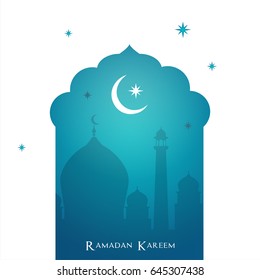 Arabic door with night view of the crescent moon and mosque, Ramadan Kareem Vector illustration.