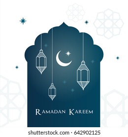Arabic door with view of the crescent moon and Arabic lantern, Ramadan Kareem Vector illustration.