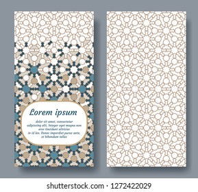 Arabic double card for invitation, celebration, save the date, wedding performed in arabian geometric tile. Colofrul vector template