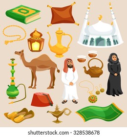 Arabic and eastern culture decorative cartoon icons set isolated vector illustration
