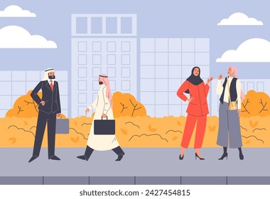 Arabic elegant men in turban and women in hijab vector flat illustration on cityscape. Muslim business fashion people in traditional national outfit. Stylish Islamic characters in town street